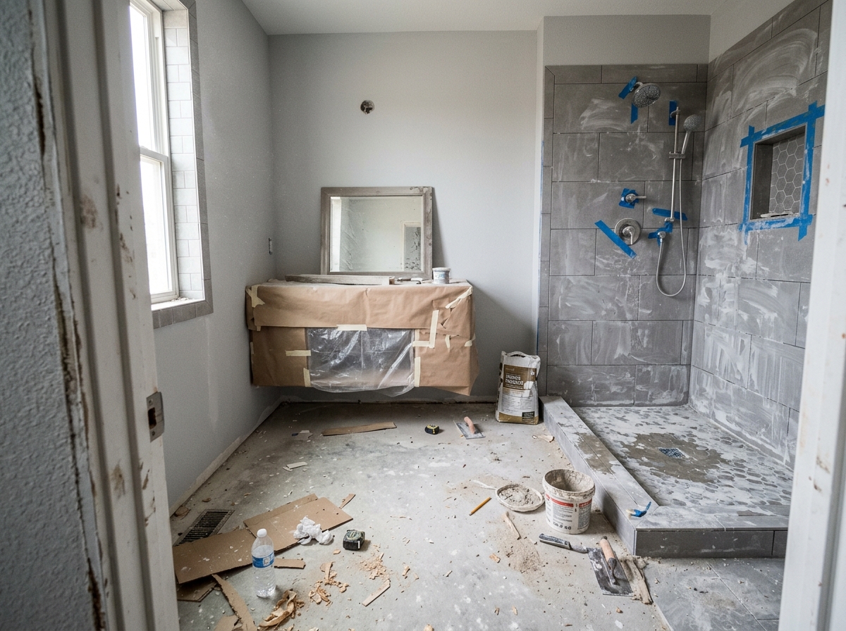 Bathroom before post-construction cleanup