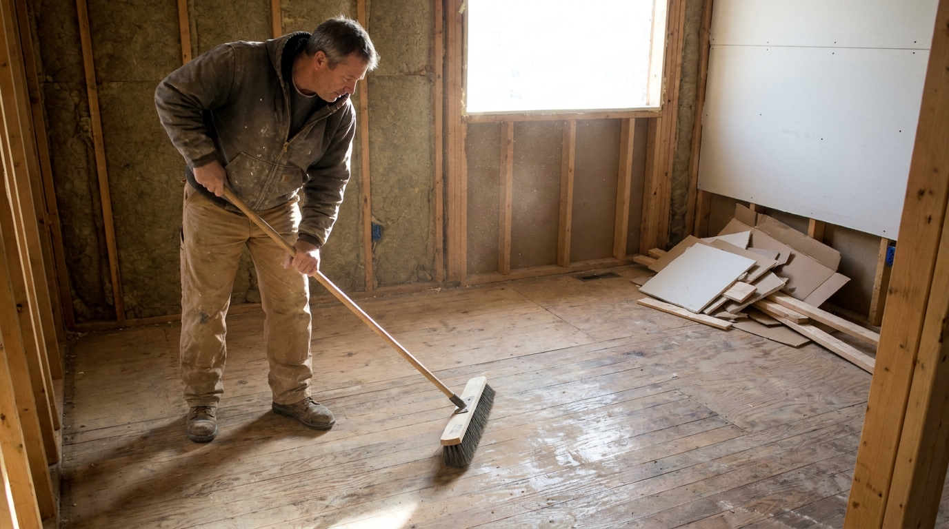 Contractor broom-sweeping a subfloor during a renovation in Greater Boston
