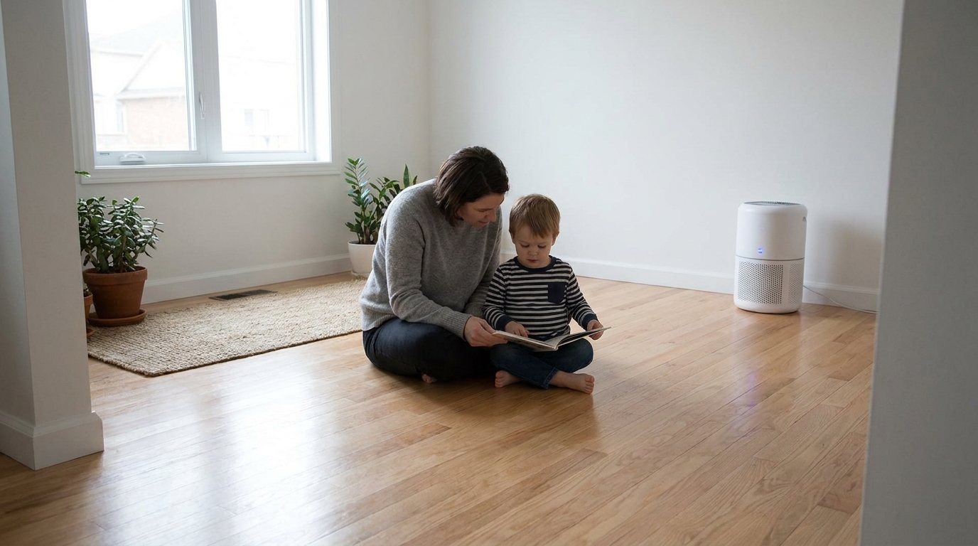 Parent and young child on the clean floor of a renovated home with an air purifier running, Greater Boston
