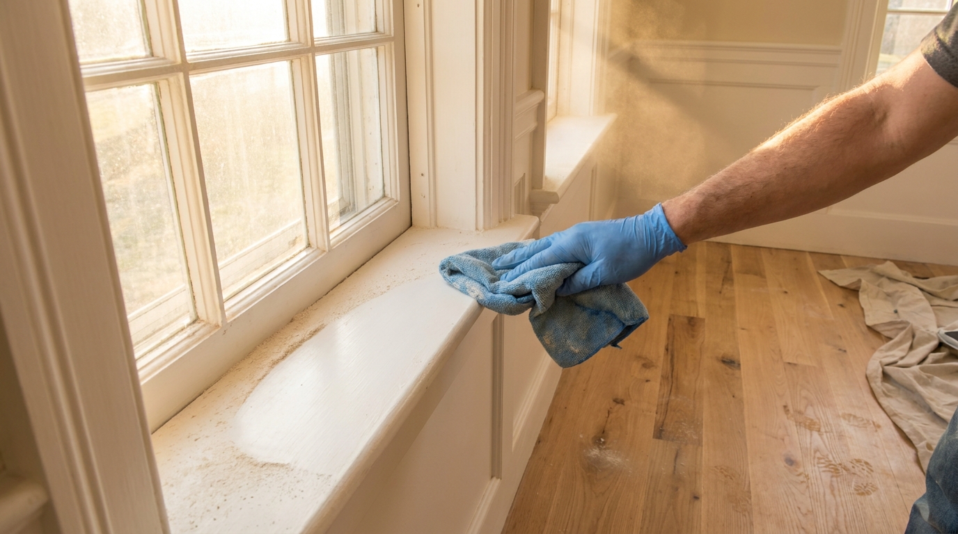 Homeowner wiping reappearing construction dust from a windowsill in a renovated Greater Boston home