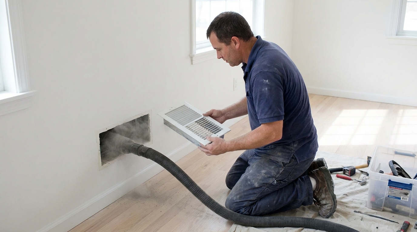 Technician vacuuming construction dust from an HVAC register in a renovated Greater Boston home