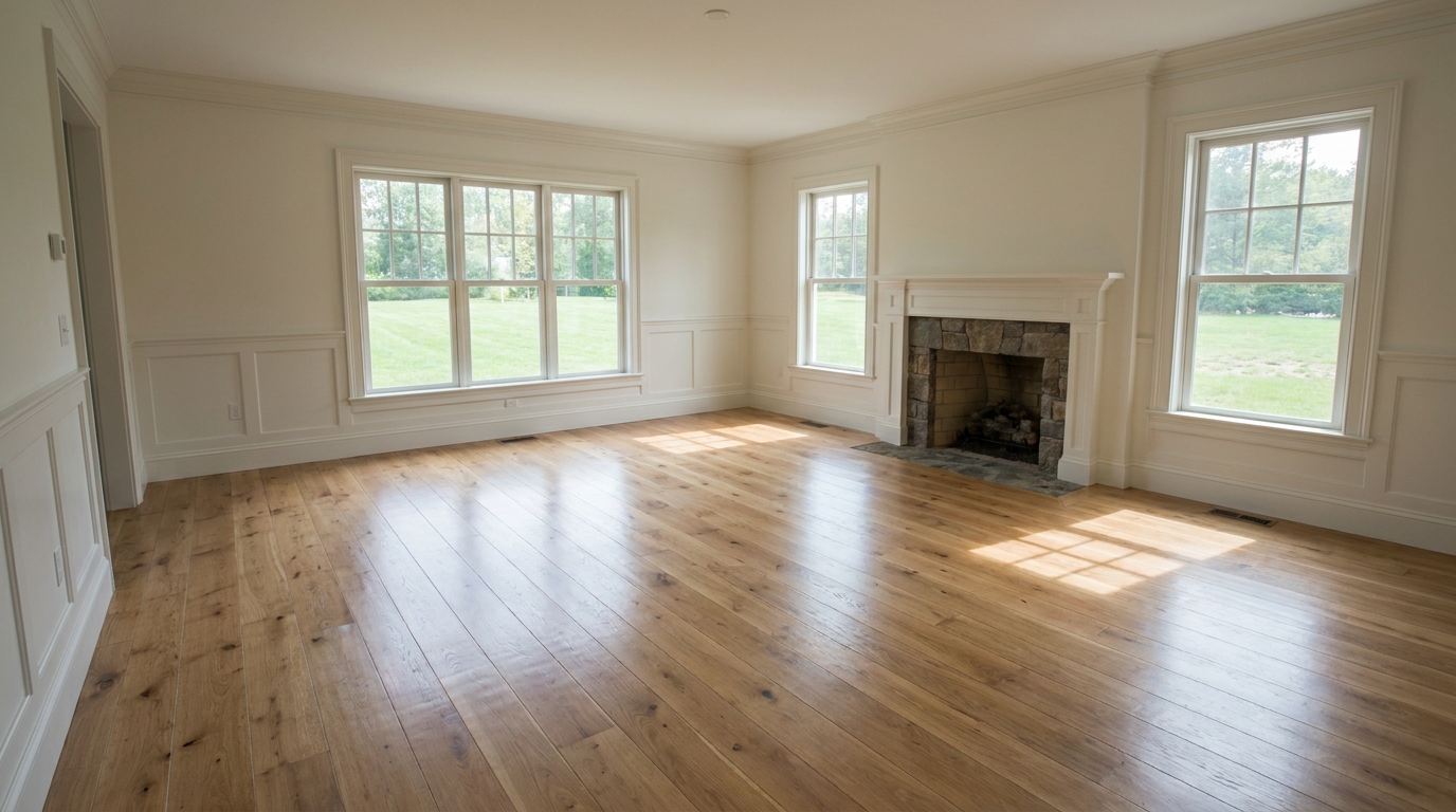 Pristine empty new-construction living room with hardwood floors ready for move-in near Boston